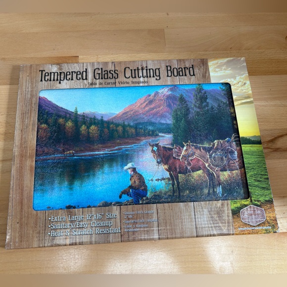 Cowboy & Horses Tempered Glass Cutting Board 12”x16”. Western Mountain Stream. - Picture 2 of 4